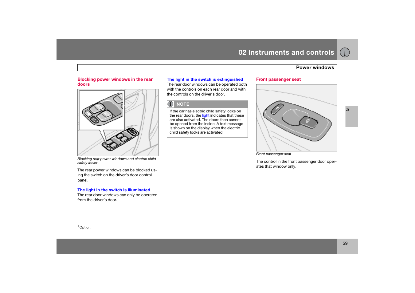 Blocking power windows in the rear doors, Front passenger seat, 02 instruments and controls | Volvo S60 S60R User Manual | Page 60 / 265