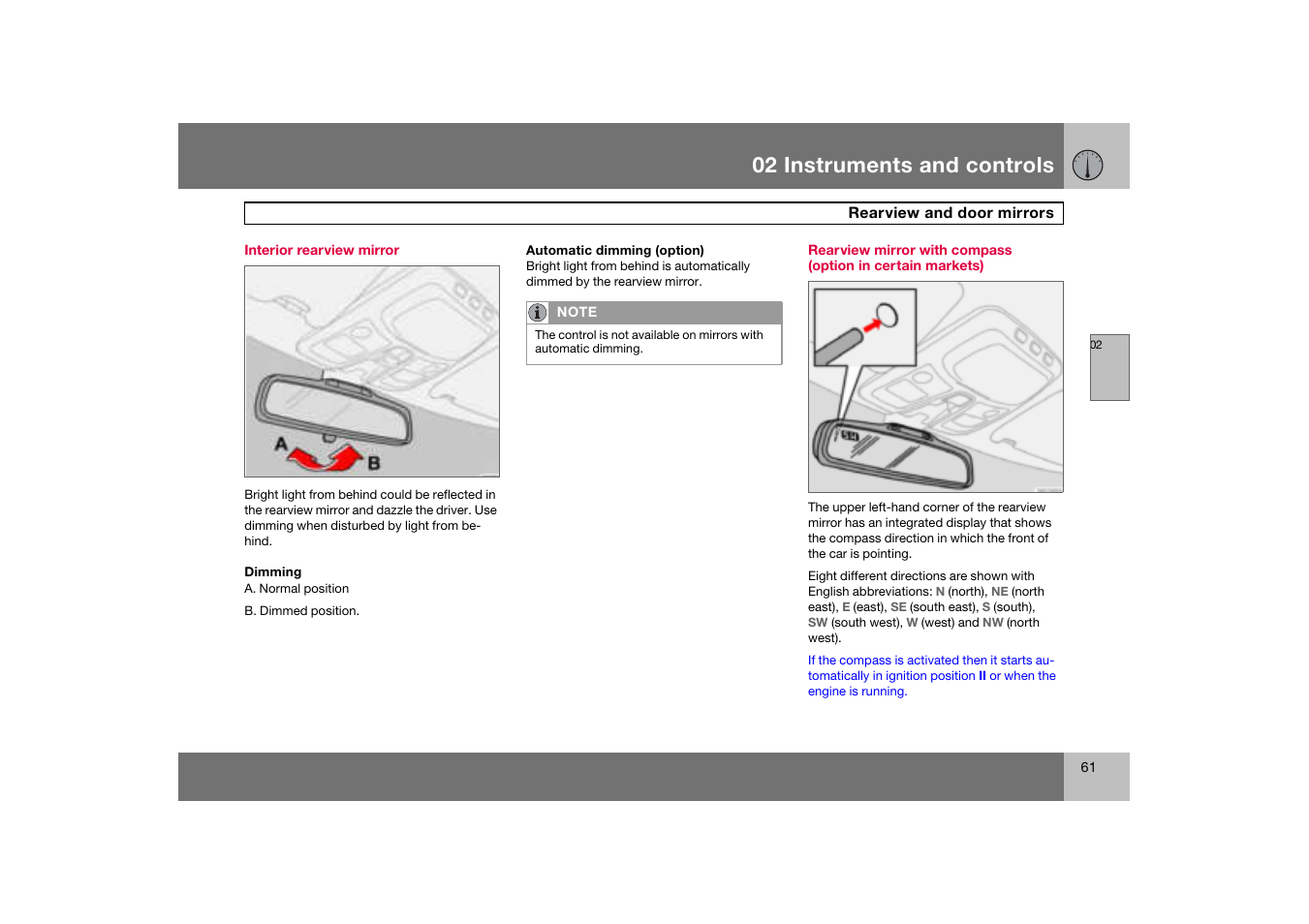 Interior rearview mirror, Rearview and door mirrors, 02 instruments and controls | Volvo S60 S60R User Manual | Page 62 / 265