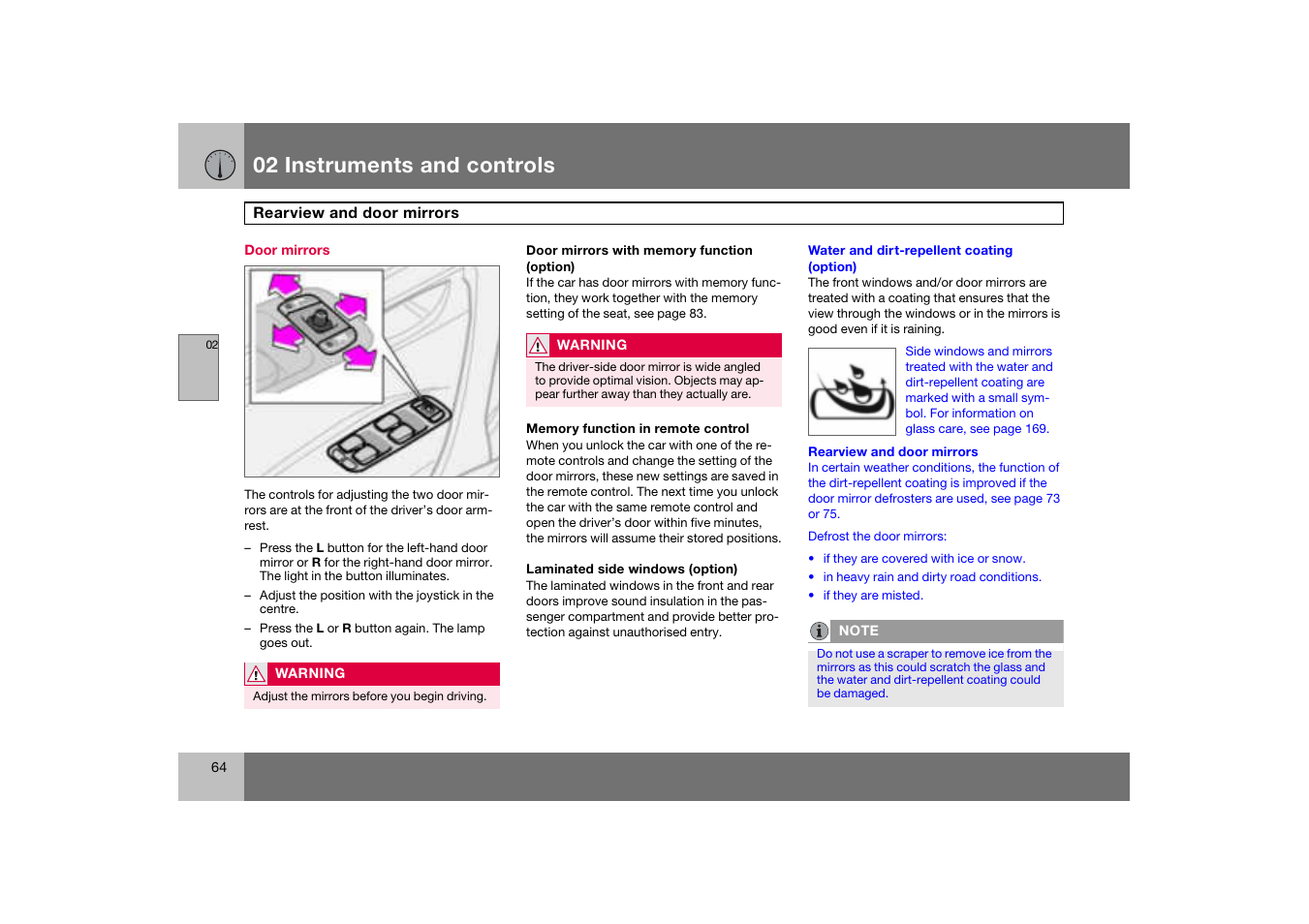 Door mirrors, 02 instruments and controls | Volvo S60 S60R User Manual | Page 65 / 265