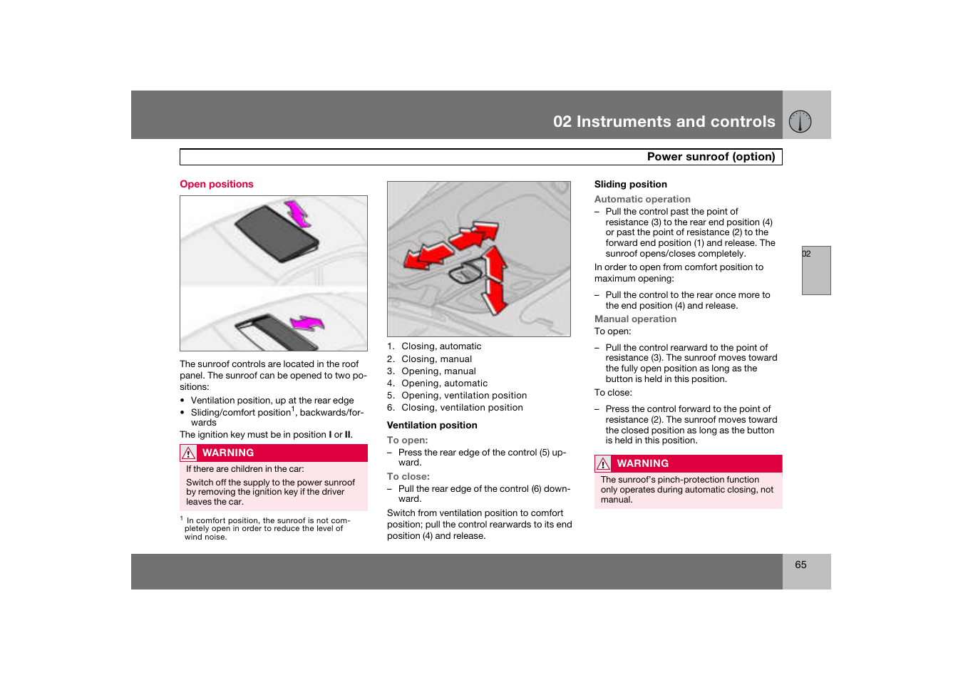 Open positions, Power sunroof (option), 02 instruments and controls | Volvo S60 S60R User Manual | Page 66 / 265