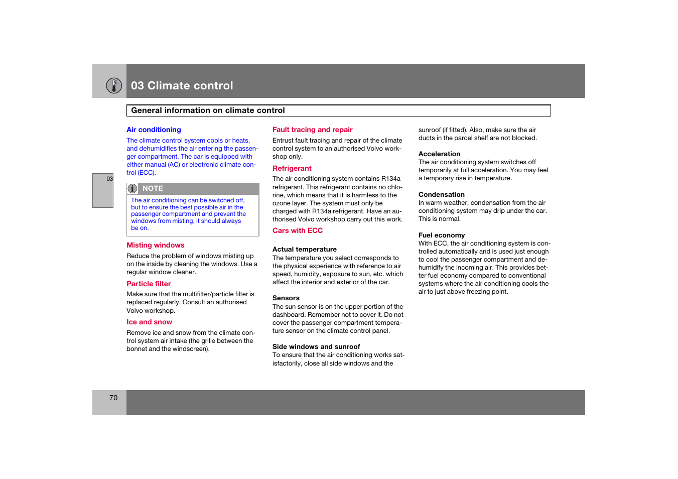 Air conditioning, General information on climate, Control | General information on climate control, 03 climate control | Volvo S60 S60R User Manual | Page 71 / 265