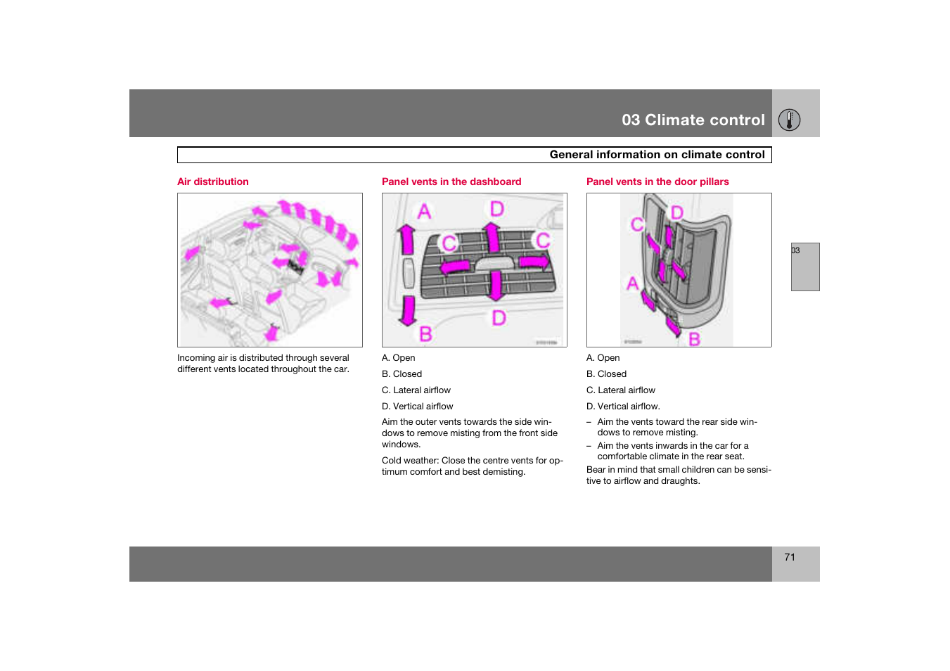 Air distribution, Panel vents in the door pillars, 03 climate control | Volvo S60 S60R User Manual | Page 72 / 265