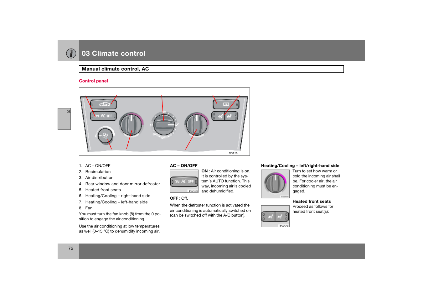 Control panel, Manual climate control, ac, 03 climate control | Volvo S60 S60R User Manual | Page 73 / 265