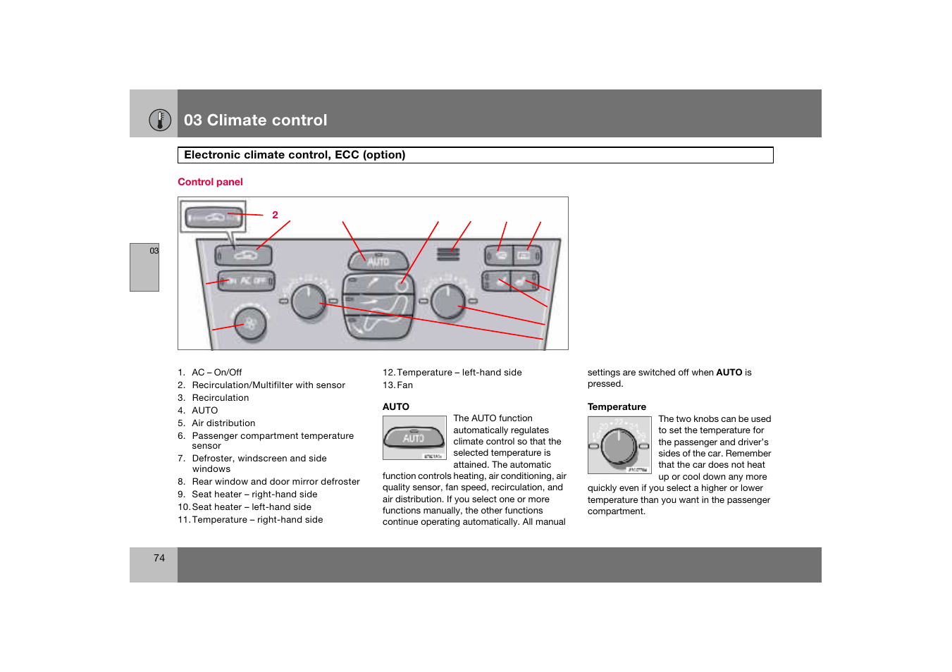 Control panel, Electronic climate control, ecc, Option) | Electronic climate control, ecc (option), 03 climate control | Volvo S60 S60R User Manual | Page 75 / 265