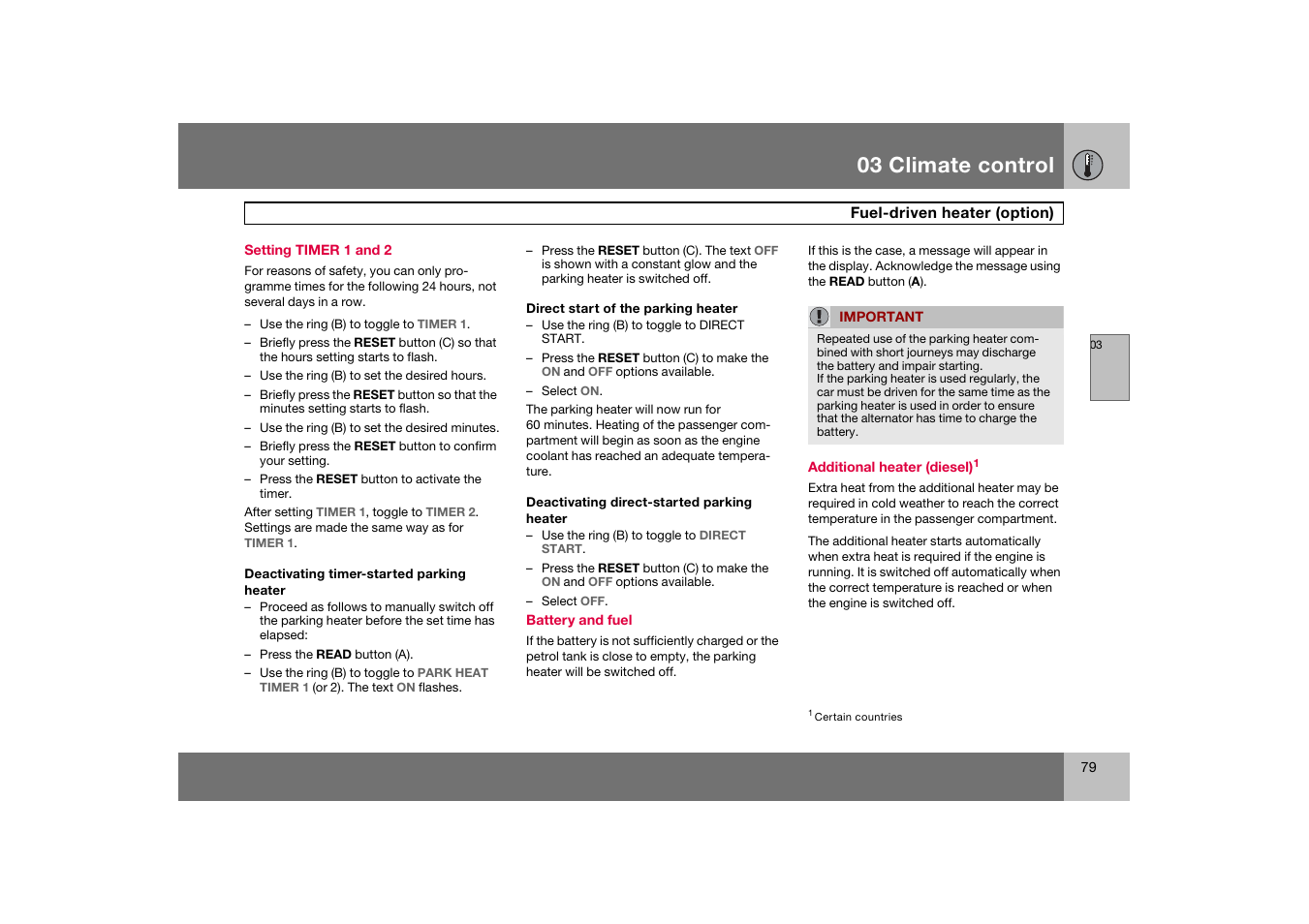 Setting timer 1 and 2, 03 climate control | Volvo S60 S60R User Manual | Page 80 / 265