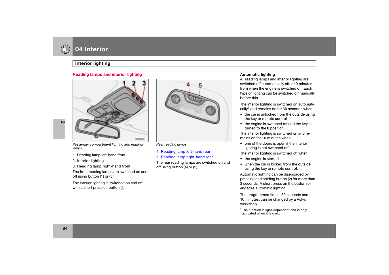 Reading lamps and interior lighting, Interior lighting, 04 interior | Volvo S60 S60R User Manual | Page 85 / 265