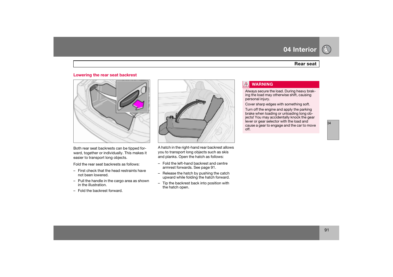 Lowering the rear seat backrest, 04 interior | Volvo S60 S60R User Manual | Page 92 / 265