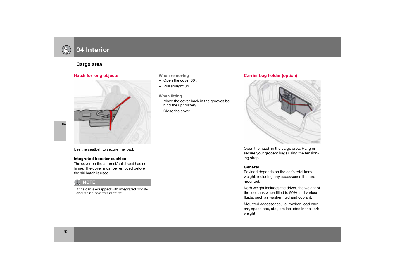 Hatch for long objects, Carrier bag holder (option), Cargo area | 04 interior | Volvo S60 S60R User Manual | Page 93 / 265