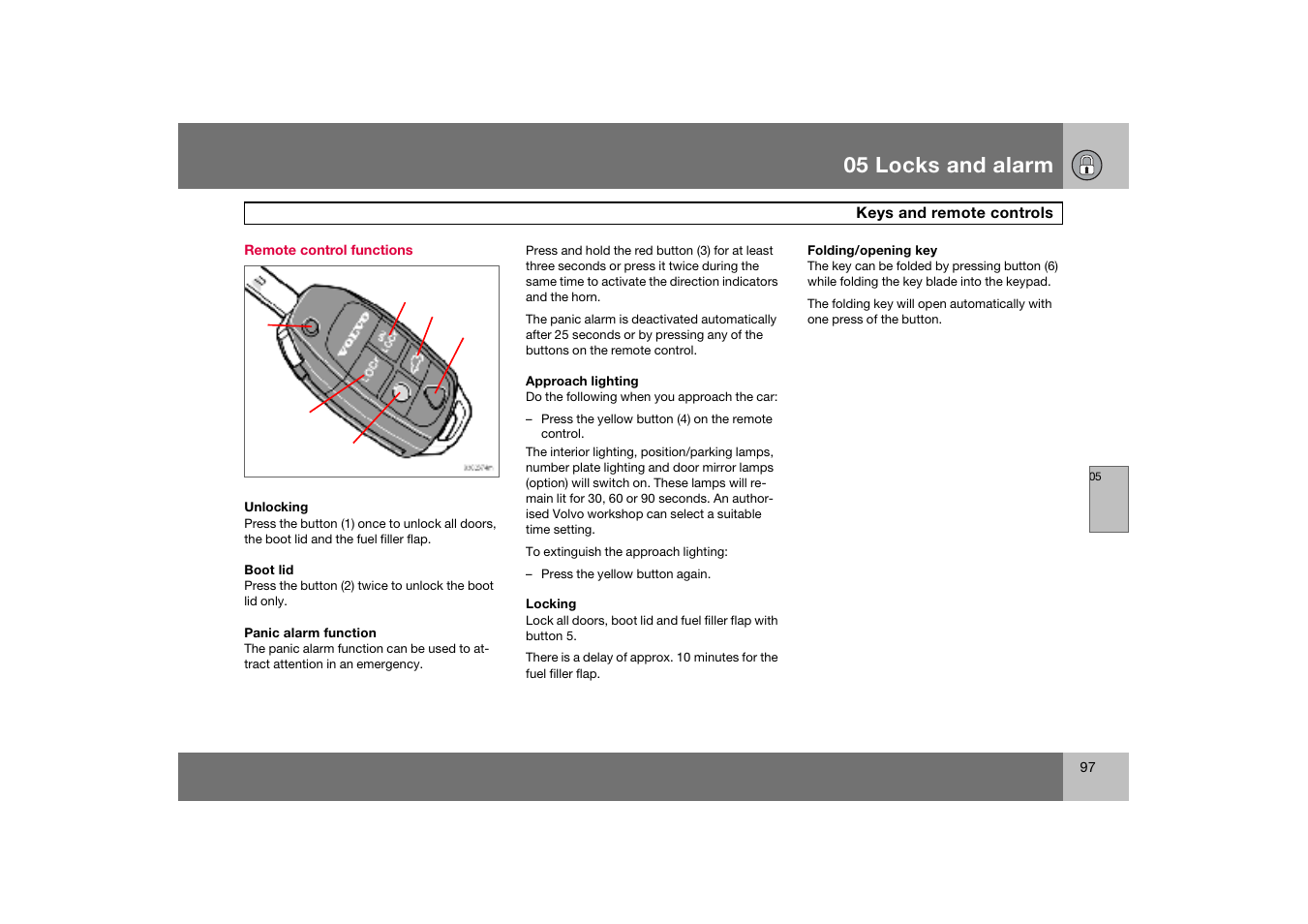 Remote control functions, 05 locks and alarm | Volvo S60 S60R User Manual | Page 98 / 265