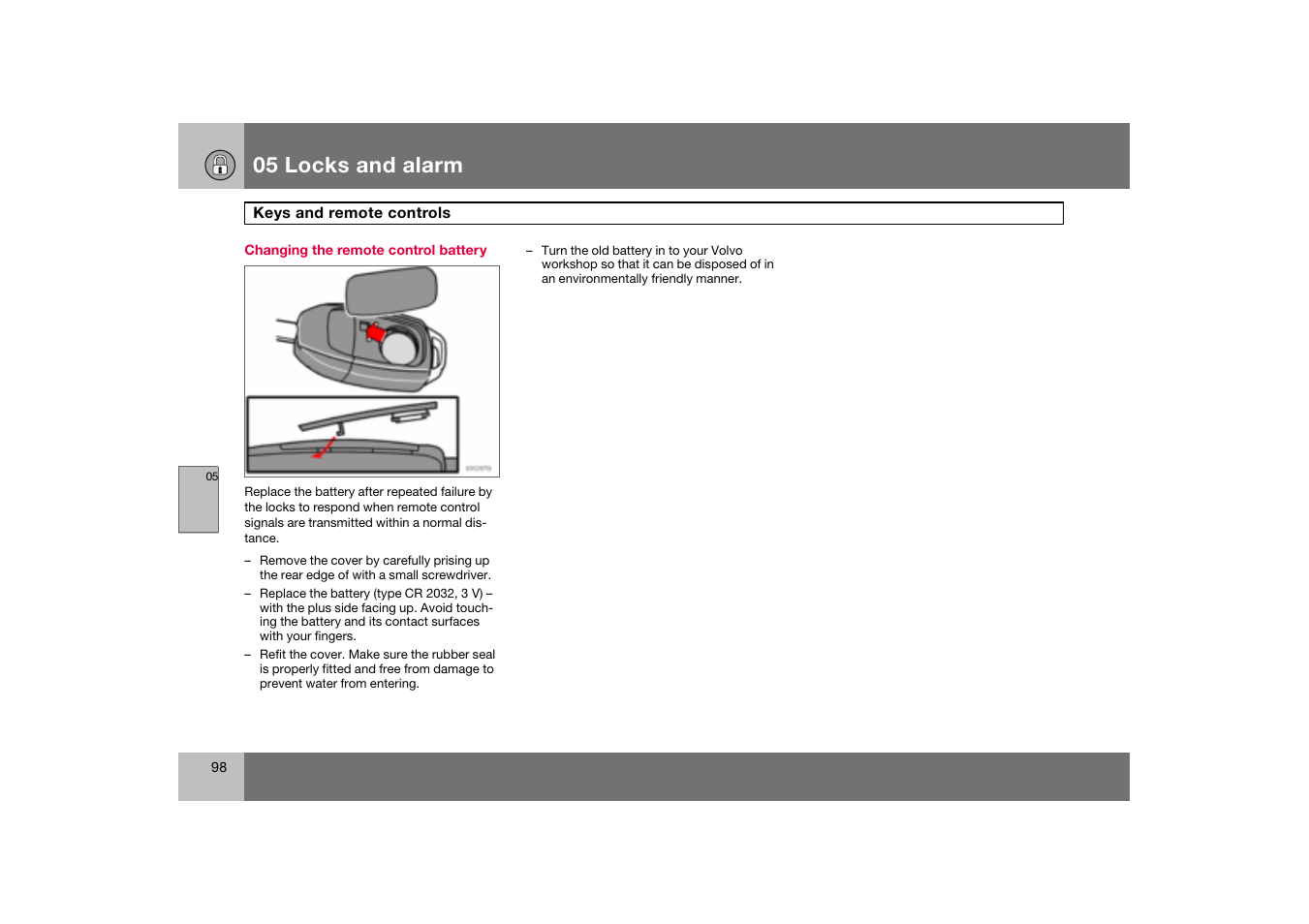 Changing the remote control battery, 05 locks and alarm | Volvo S60 S60R User Manual | Page 99 / 265