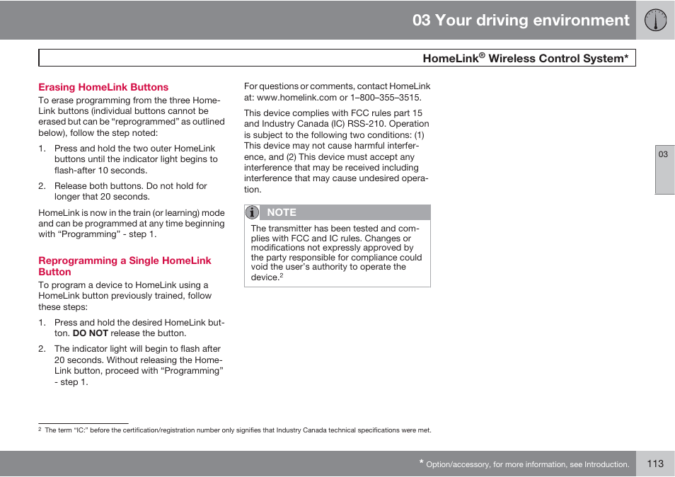 03 your driving environment, Homelink, Wireless control system | Volvo S60 User Manual | Page 113 / 358