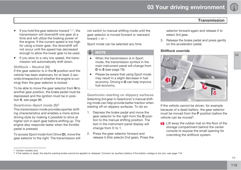 03 your driving environment, Transmission | Volvo S60 User Manual | Page 119 / 358