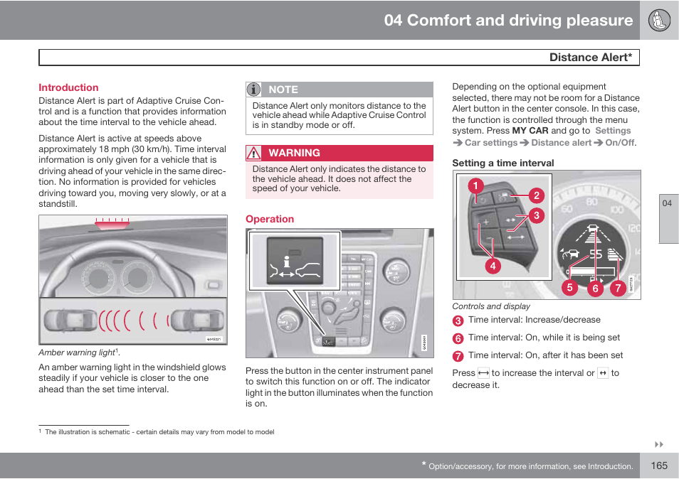 04 comfort and driving pleasure, Distance alert | Volvo S60 User Manual | Page 165 / 358