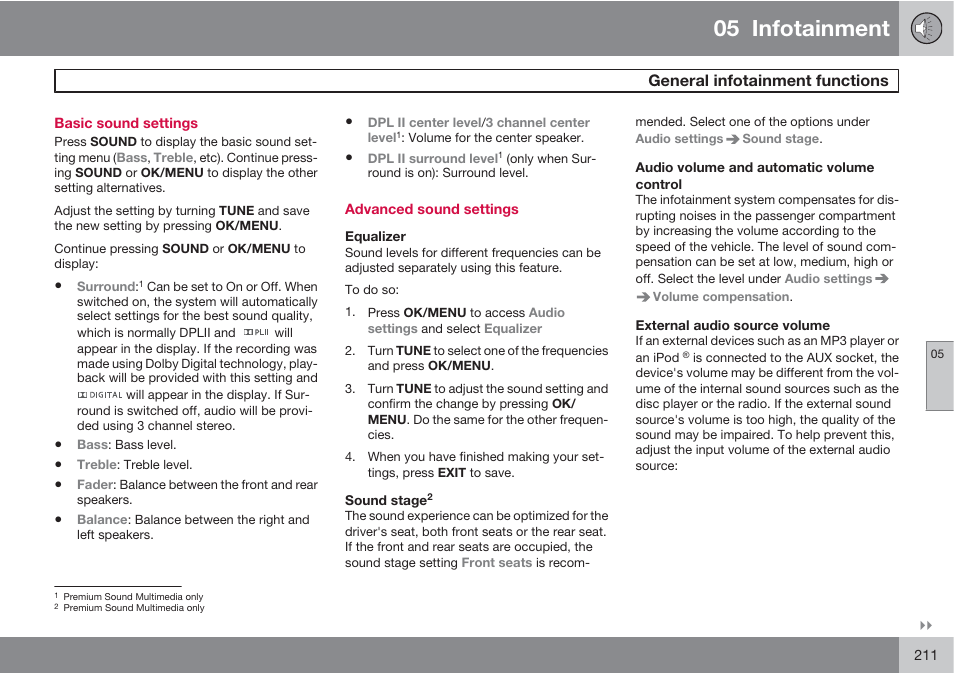 05 infotainment, General infotainment functions | Volvo S60 User Manual | Page 211 / 358
