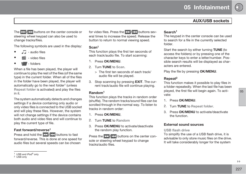 05 infotainment, Aux/usb sockets | Volvo S60 User Manual | Page 227 / 358
