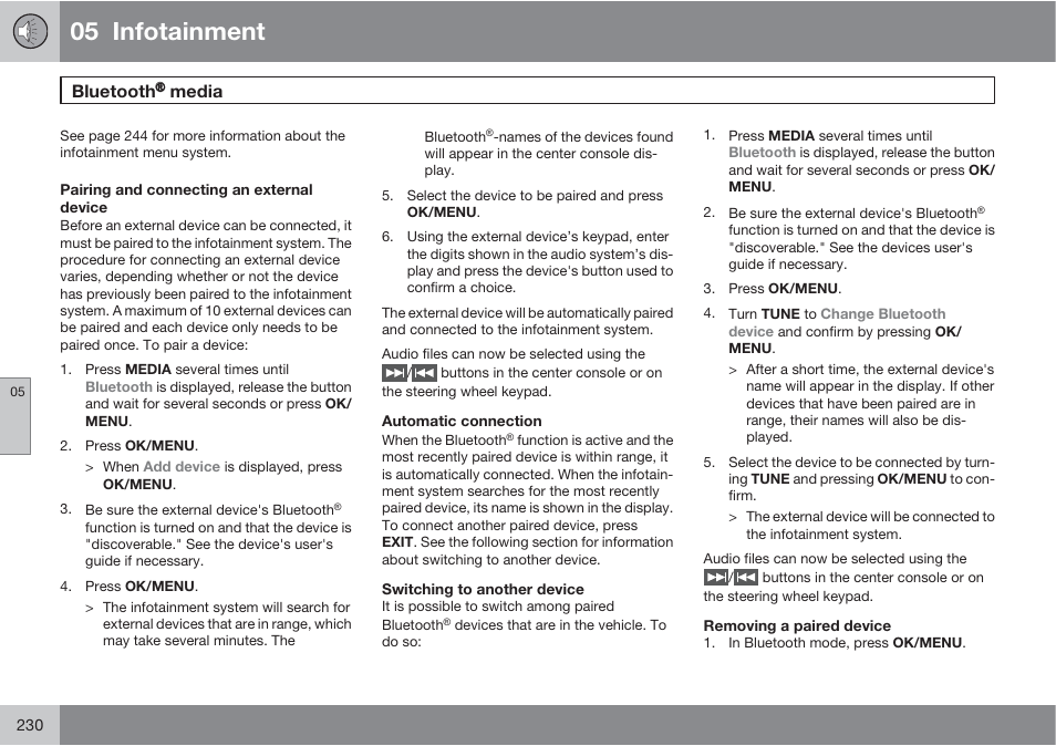05 infotainment, Bluetooth, Media | Volvo S60 User Manual | Page 230 / 358