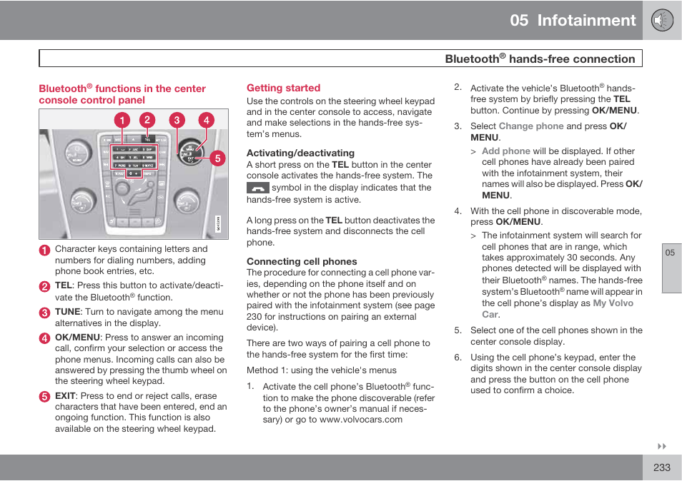 05 infotainment, Bluetooth, Hands-free connection | Volvo S60 User Manual | Page 233 / 358