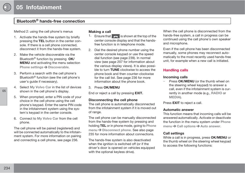 05 infotainment, Bluetooth, Hands-free connection | Volvo S60 User Manual | Page 234 / 358