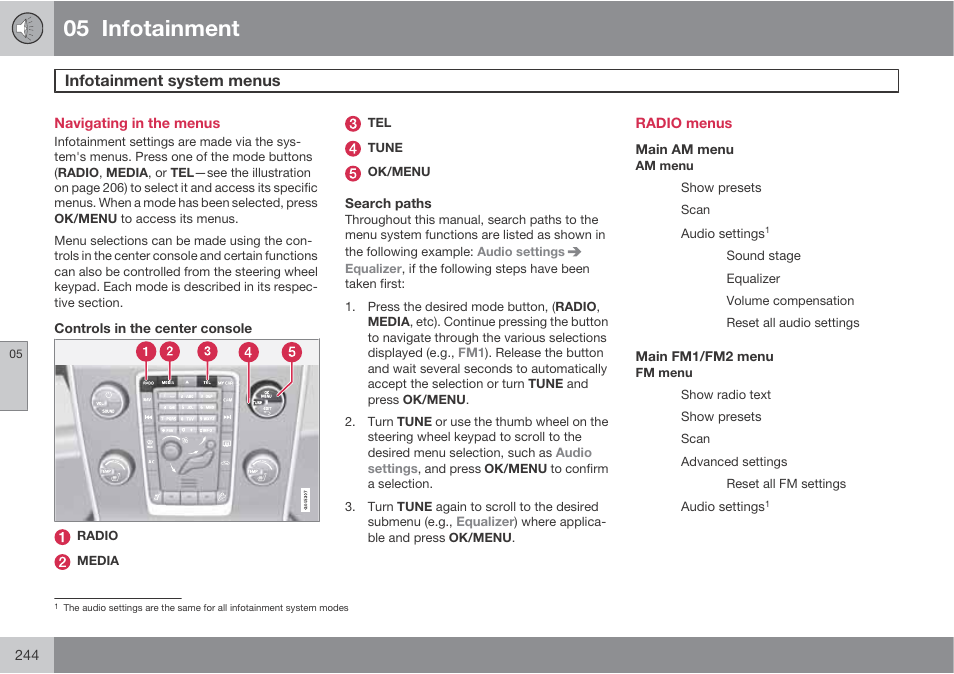 05 infotainment, Infotainment system menus | Volvo S60 User Manual | Page 244 / 358