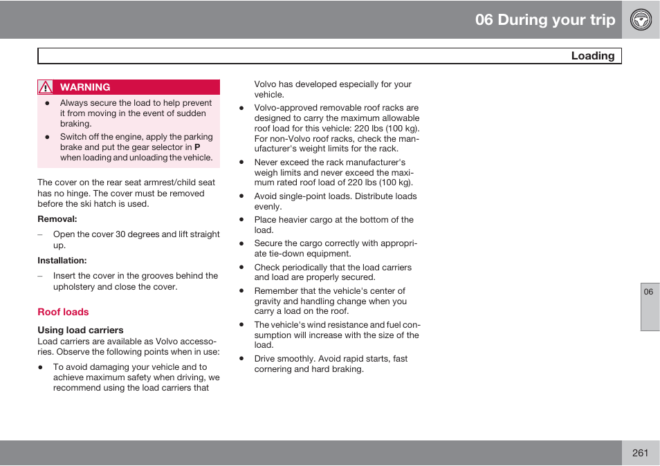 06 during your trip | Volvo S60 User Manual | Page 261 / 358