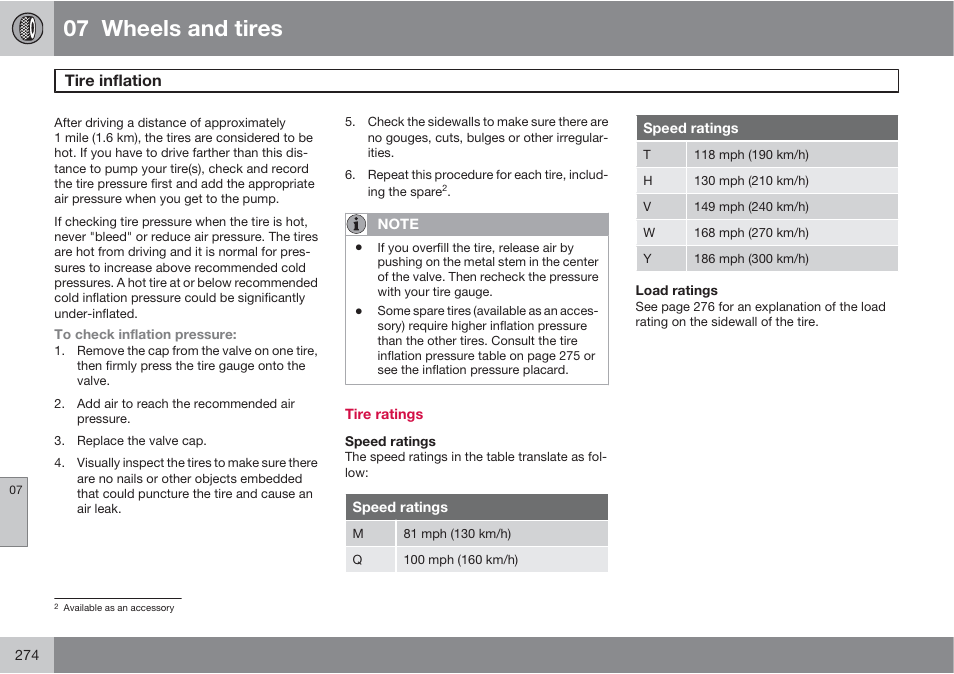 07 wheels and tires, Tire inflation | Volvo S60 User Manual | Page 274 / 358