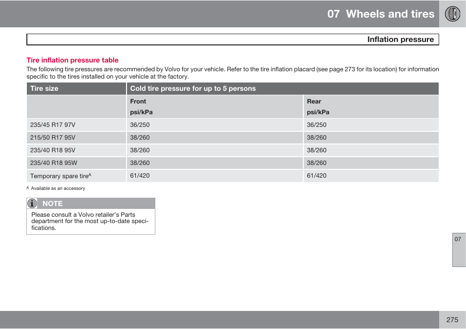 07 wheels and tires, Inflation pressure | Volvo S60 User Manual | Page 275 / 358