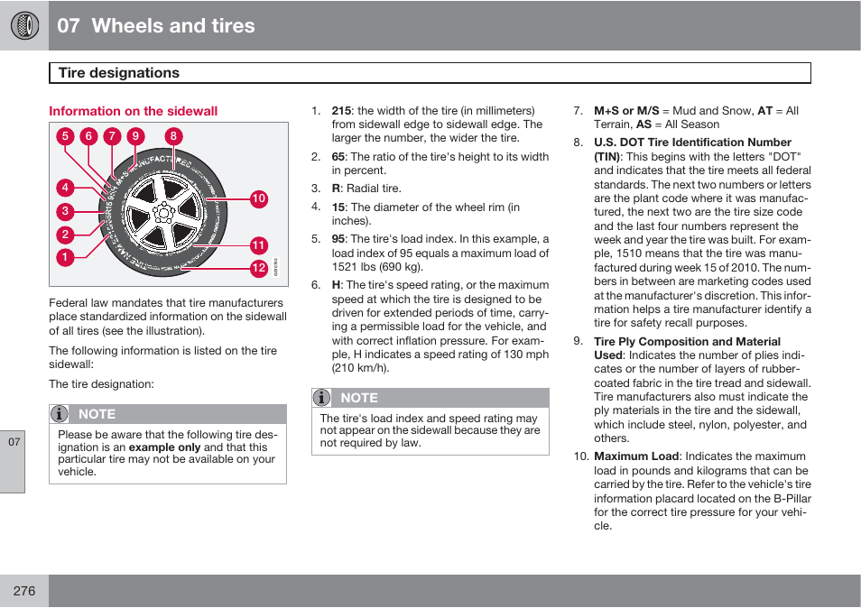 07 wheels and tires, Tire designations | Volvo S60 User Manual | Page 276 / 358