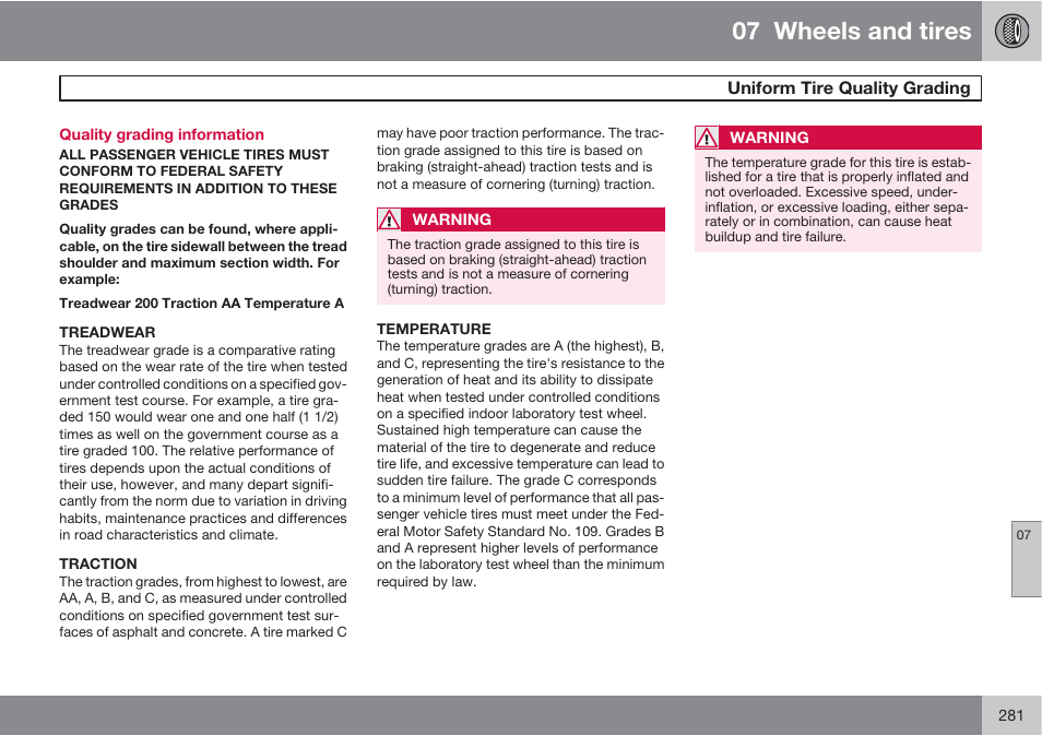 07 wheels and tires | Volvo S60 User Manual | Page 281 / 358