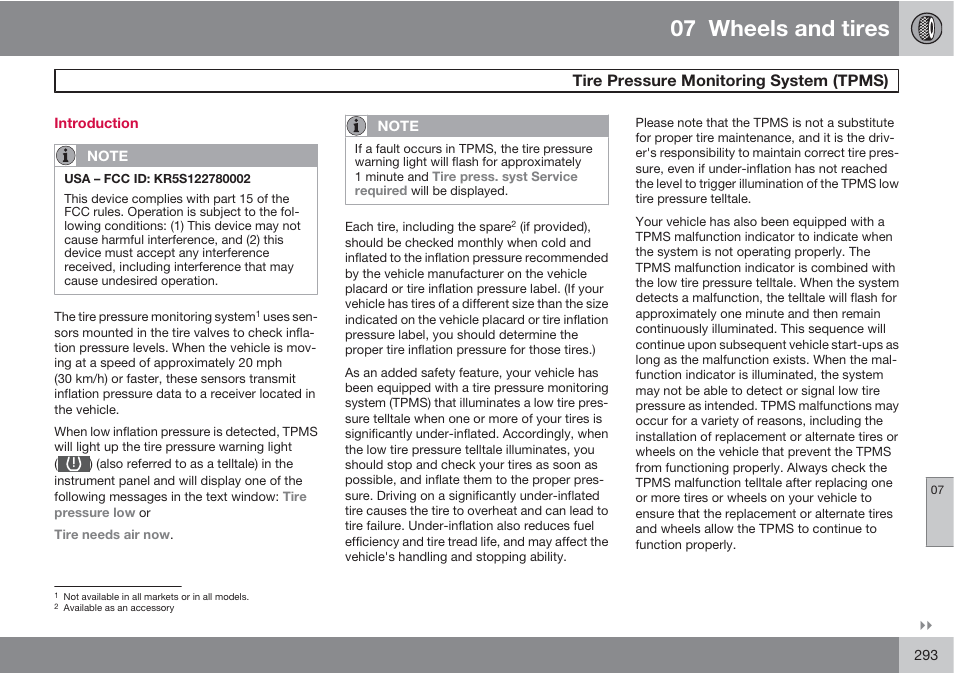 07 wheels and tires, Tire pressure monitoring system (tpms) | Volvo S60 User Manual | Page 293 / 358