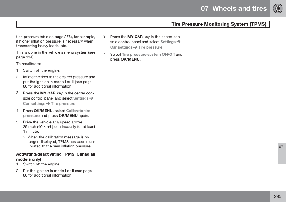 07 wheels and tires, Tire pressure monitoring system (tpms) | Volvo S60 User Manual | Page 295 / 358
