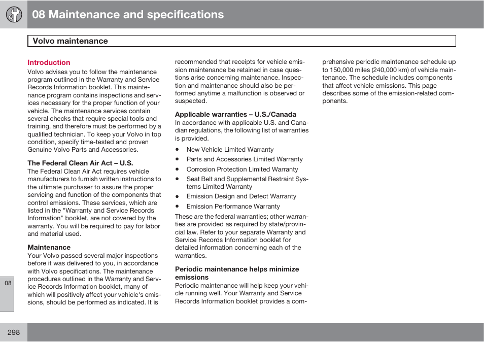 08 maintenance and specifications | Volvo S60 User Manual | Page 298 / 358