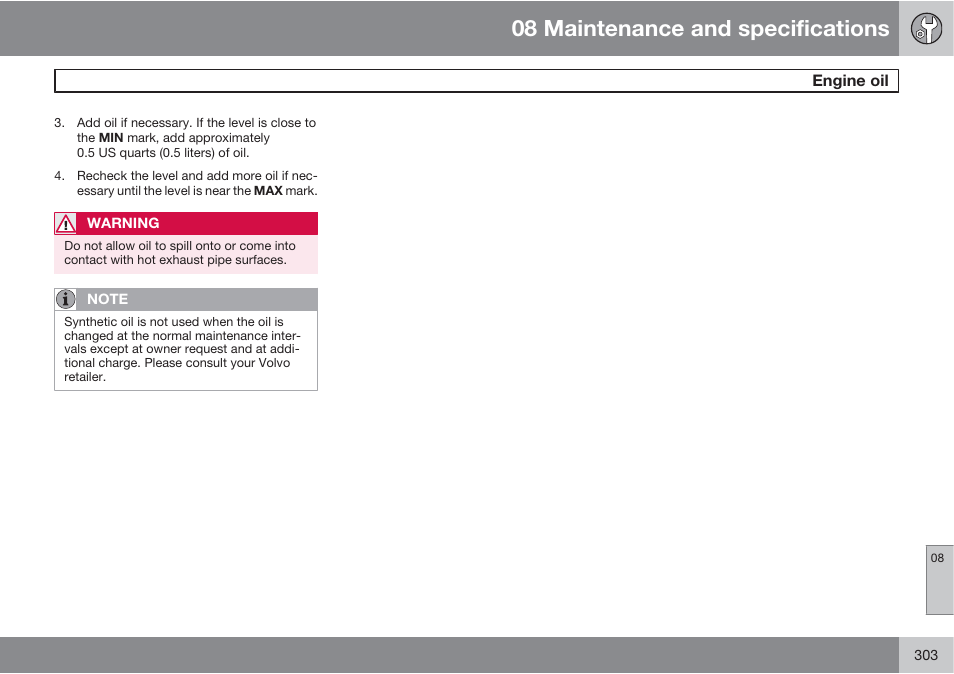 08 maintenance and specifications | Volvo S60 User Manual | Page 303 / 358