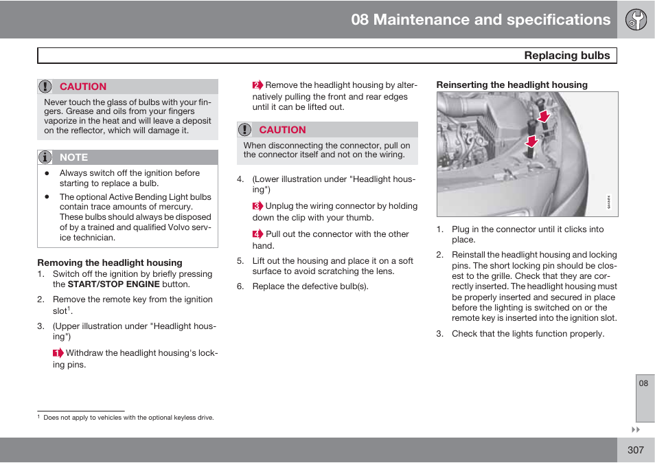 08 maintenance and specifications, Replacing bulbs | Volvo S60 User Manual | Page 307 / 358