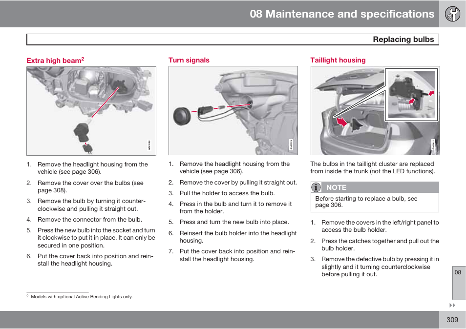 08 maintenance and specifications, Replacing bulbs | Volvo S60 User Manual | Page 309 / 358
