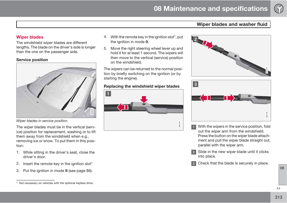 08 maintenance and specifications, Wiper blades and washer fluid | Volvo S60 User Manual | Page 313 / 358