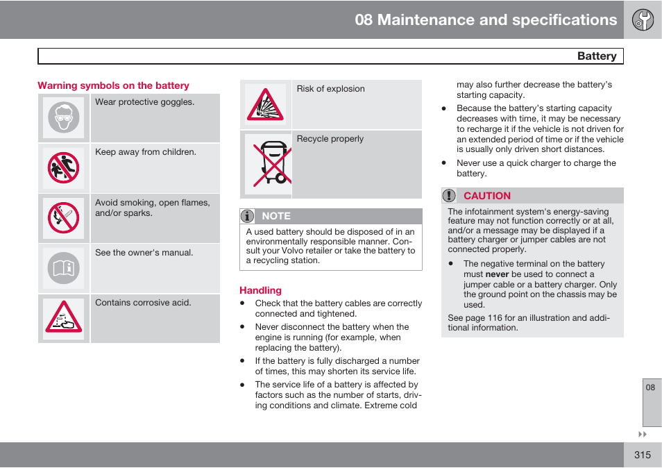 08 maintenance and specifications | Volvo S60 User Manual | Page 315 / 358