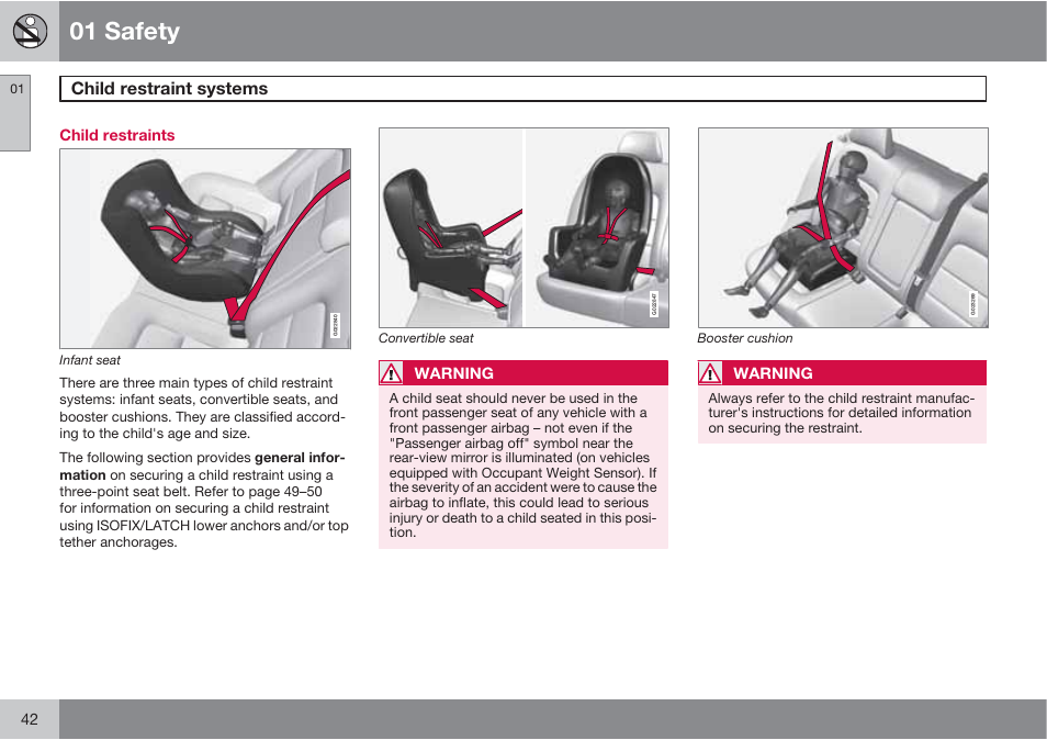 01 safety, Child restraint systems | Volvo S60 User Manual | Page 42 / 358