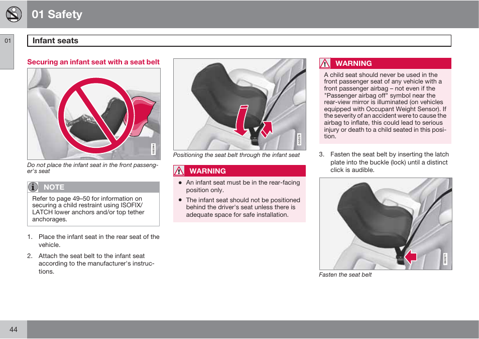 01 safety, Infant seats | Volvo S60 User Manual | Page 44 / 358