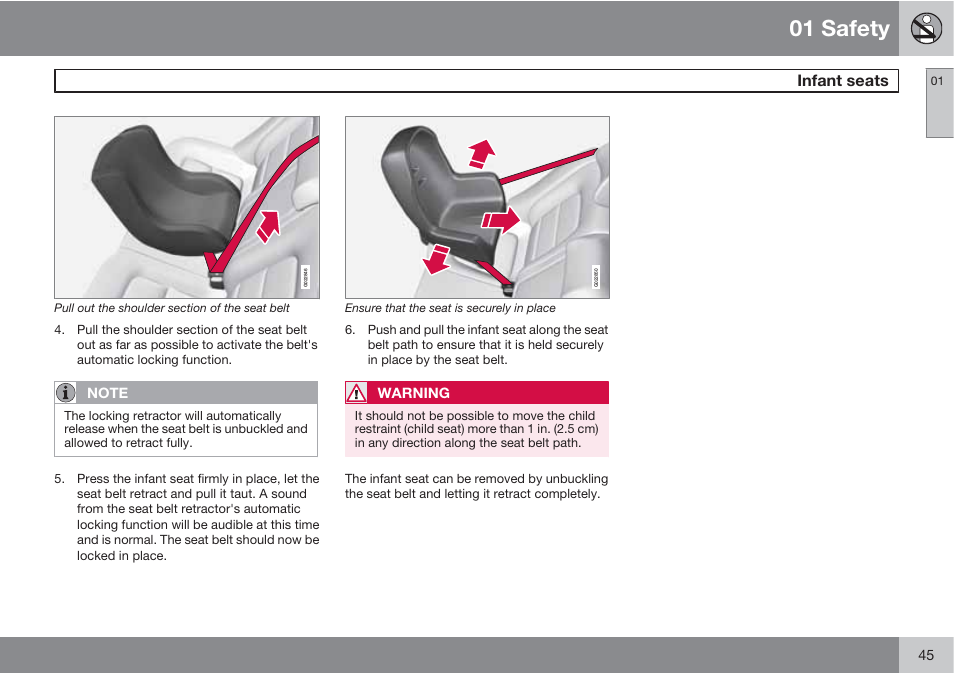 01 safety, Infant seats | Volvo S60 User Manual | Page 45 / 358