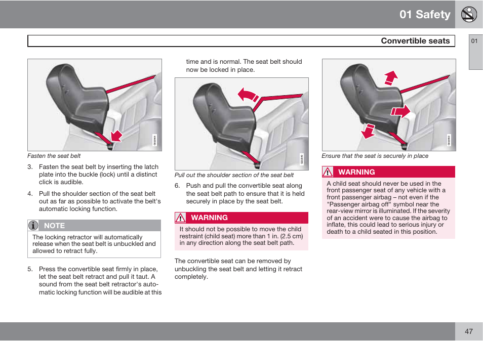 01 safety, Convertible seats | Volvo S60 User Manual | Page 47 / 358