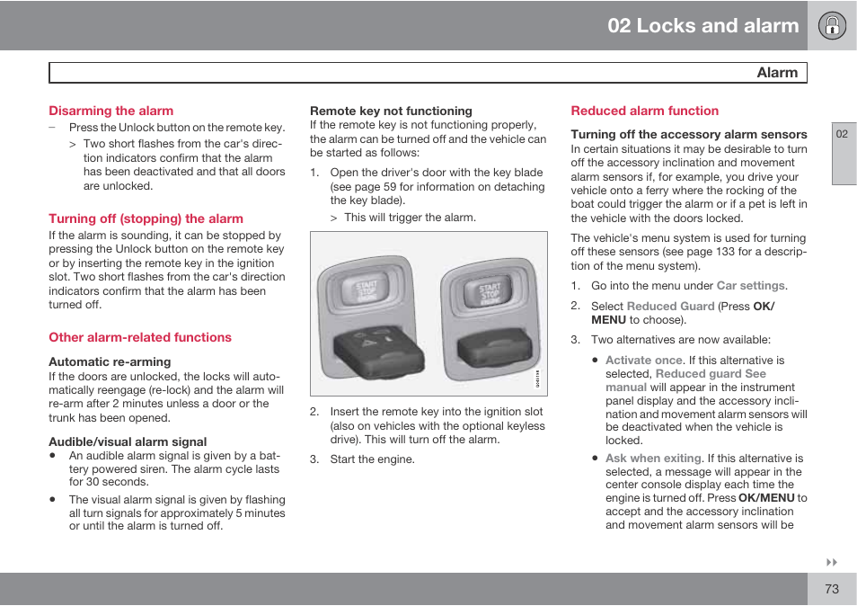 02 locks and alarm | Volvo S60 User Manual | Page 73 / 358