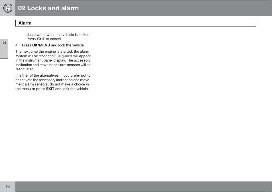 02 locks and alarm | Volvo S60 User Manual | Page 74 / 358