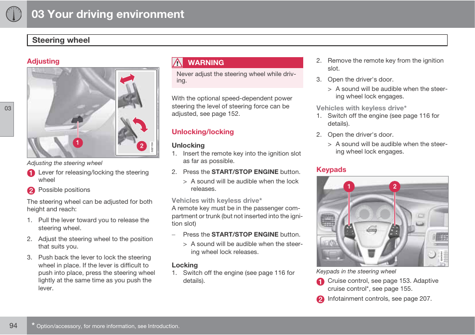 03 your driving environment, Steering wheel | Volvo S60 User Manual | Page 94 / 358