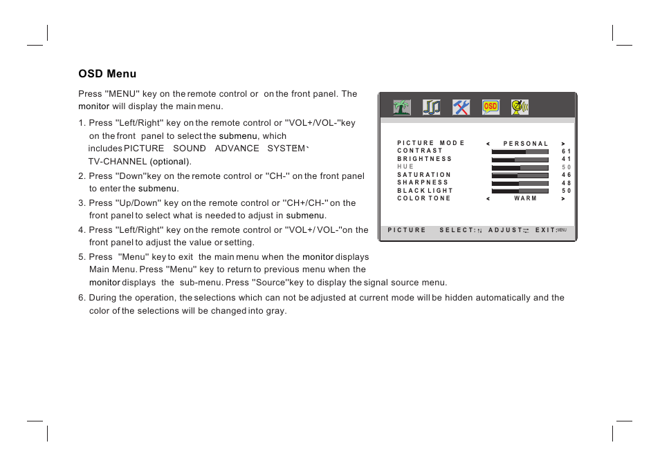 Osd menu | ViewEra V221MV User Manual | Page 13 / 23
