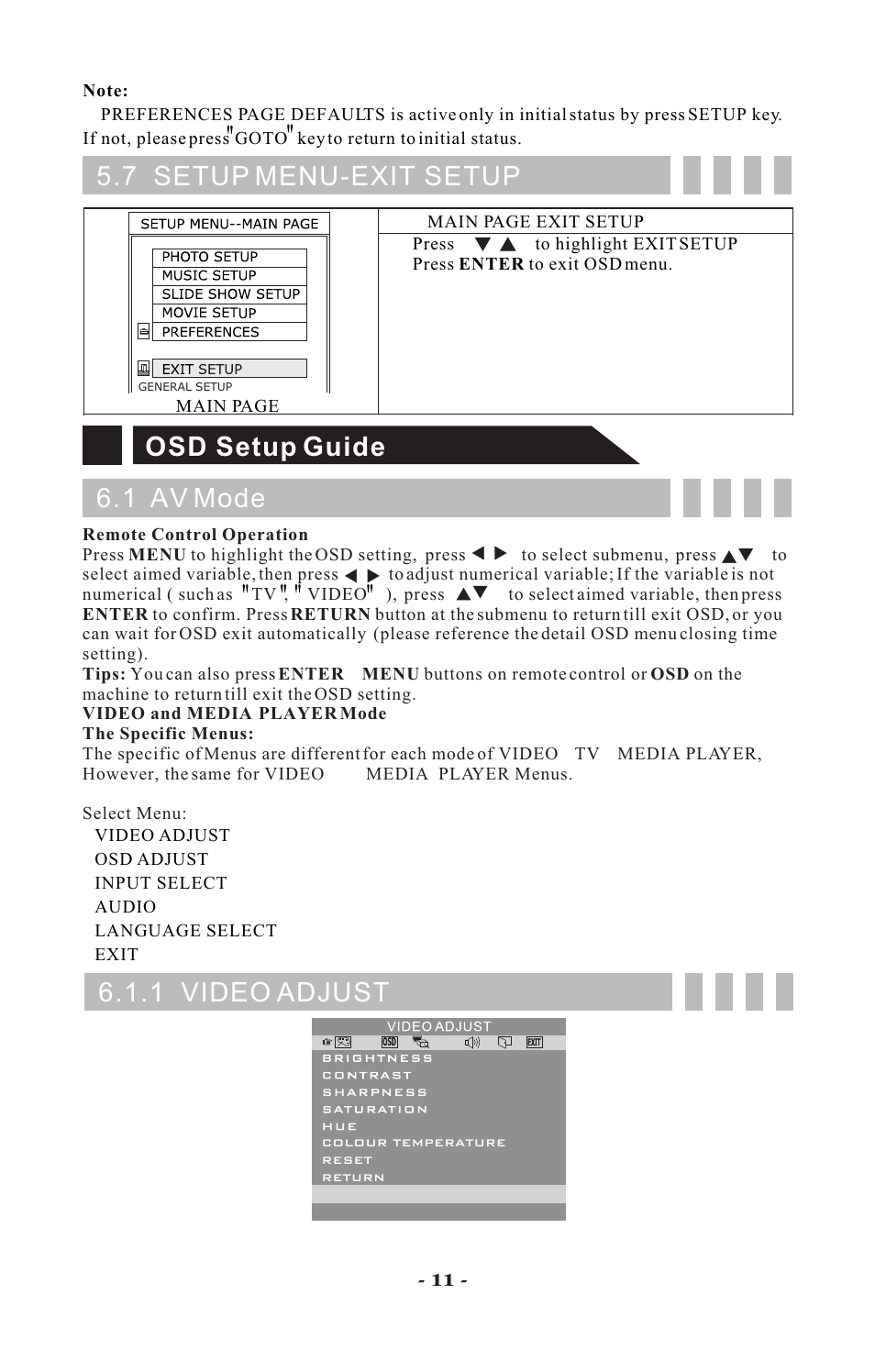 1 av mode osd setup guide, 1 video adjust, 7 setup menu-exit setup | Visart Technologies 10.4 PORTABLE TV with built-in multimedia Card Player User Manual | Page 13 / 20