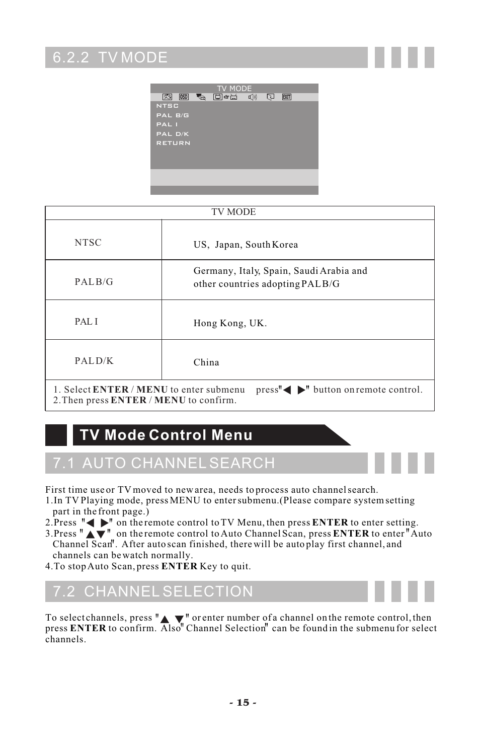 2 tv mode, Tv mode control menu 7.1 auto channel search, 2 channel selection | Visart Technologies 10.4 PORTABLE TV with built-in multimedia Card Player User Manual | Page 17 / 20