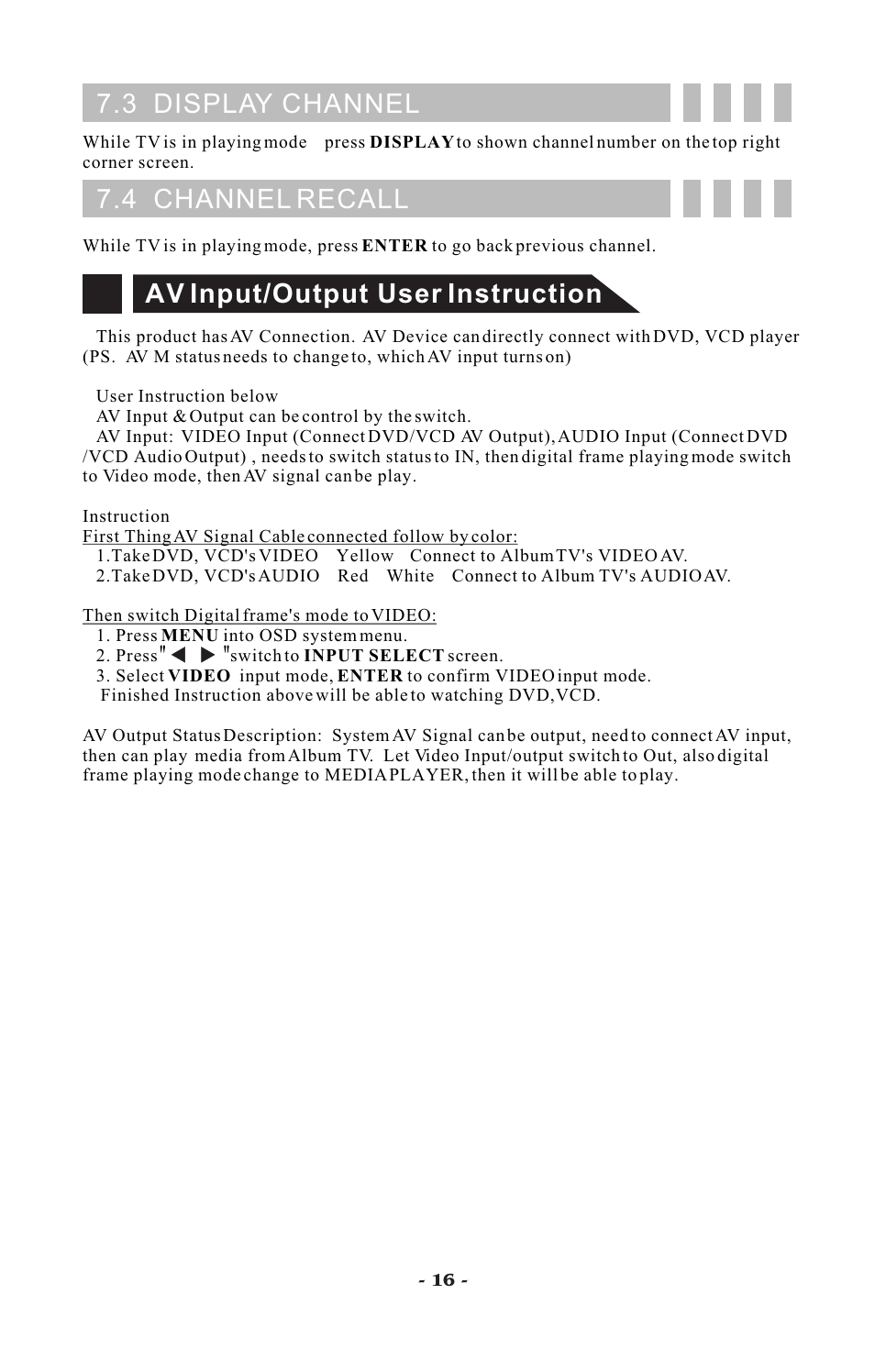 3 display channel, 4 channel recall, Av input/output user instruction | Visart Technologies 10.4 PORTABLE TV with built-in multimedia Card Player User Manual | Page 18 / 20