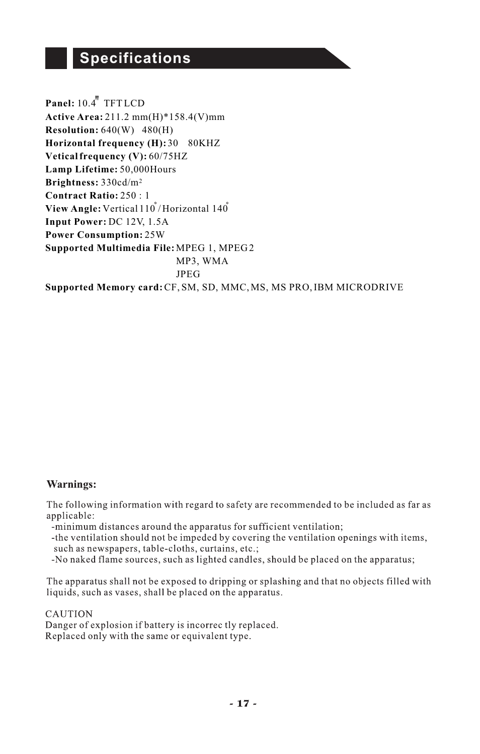 Specifications | Visart Technologies 10.4 PORTABLE TV with built-in multimedia Card Player User Manual | Page 19 / 20