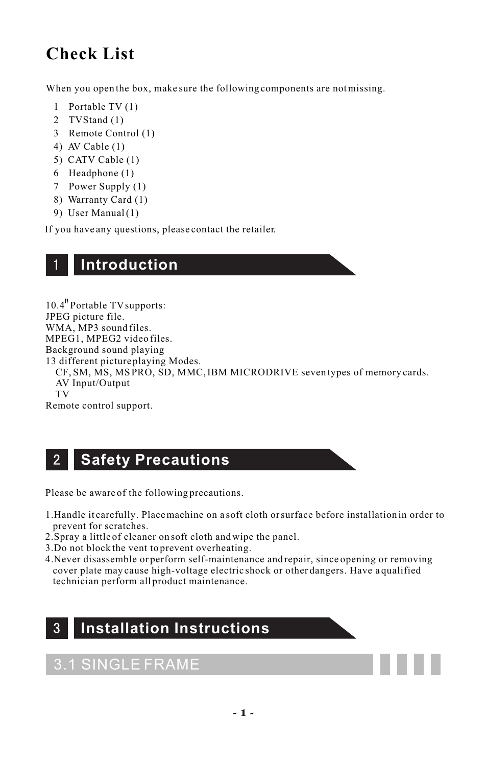 Check list, Introduction, Safety precautions | Installation instructions 3.1 single frame | Visart Technologies 10.4 PORTABLE TV with built-in multimedia Card Player User Manual | Page 3 / 20