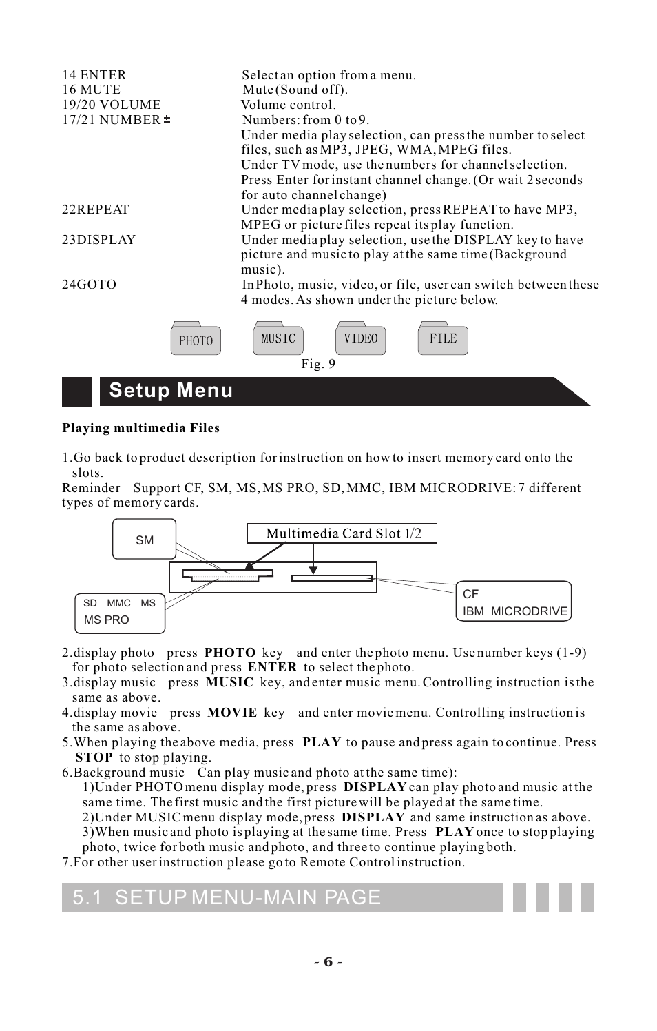 Setup menu, 1 setup menu-main page | Visart Technologies 10.4 PORTABLE TV with built-in multimedia Card Player User Manual | Page 8 / 20